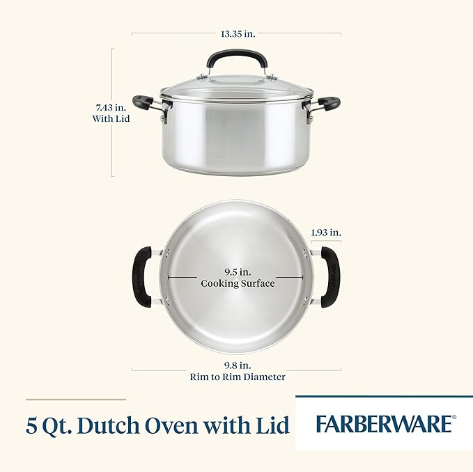 Farberware Brilliance Dutch Oven Pot with Lid, 5 Quart, Stainless Steel