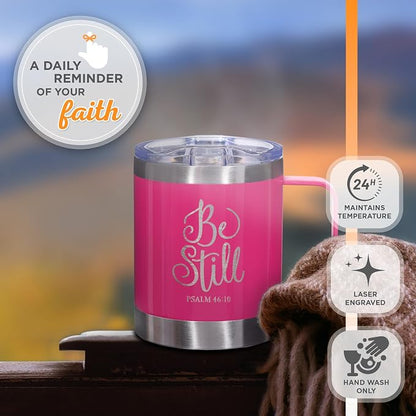 Christian Art Gifts Stainless Steel Double Wall Vacuum Insulated Camp Style Travel Mug 11 oz Pink Coffee Mug with Retractable Lid and Handle for Women with Bible Verse - Be Still -Psalm 46:10
