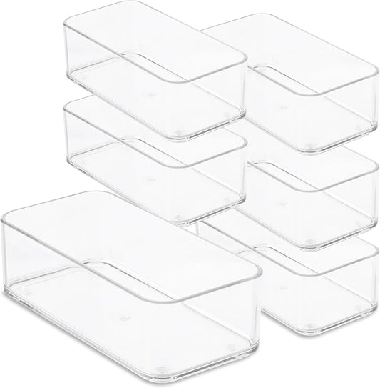 primebox Plastic Clear Drawer Organizers. Bathroom, Kitchen, Bedroom, Nail Polish, Office Organizer Bins, Storage Trays. Heavy Duty, Stackable. 6" x 3" x 2" Set of 6