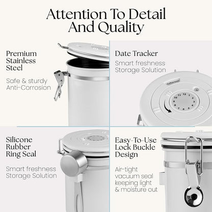 Mixpresso White 16 Oz Stainless Steel Coffee Canister with Scoop – Airtight Coffee Container with CO2 Valve for Bean Storage, Date Tracker Lid