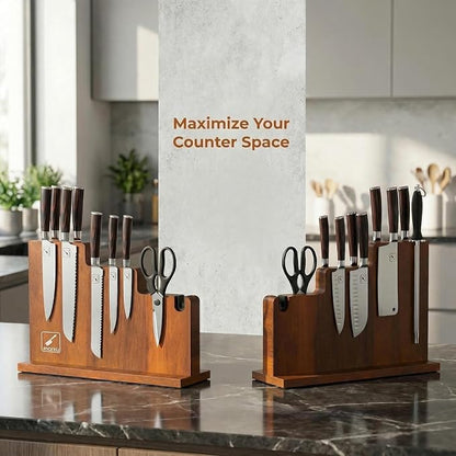 imarku Magnetic Knife Block Holder, 13 x 10 Inches, imarku Magnetic Knife Holder Rack for Kitchen Counter, Double Sided Magnet Knife Storage Stand with Knife Sharpener, Stepped Block