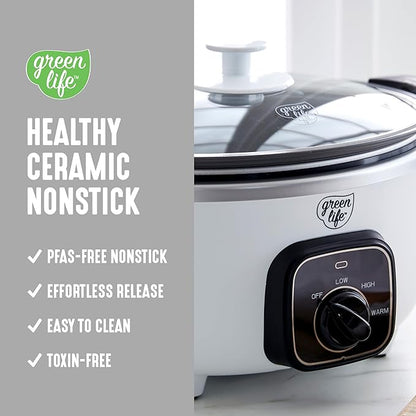GreenLife 3.5QT Slow Cooker, PFAS-Free Non-Toxic Ceramic Nonstick Removable Interior Bowl, Programmable, Keep Warm, Stovetop & Oven Safe Pot, Dishwasher Safe Crock & Glass Lid, White
