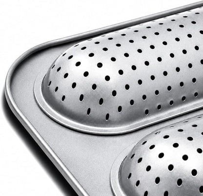 Metal Sub Roll & Hoagie Roll Baking Pan 12 inch, 3-Slot Perforated French Bread & Mini Baguette Pan, Nonstick Carbon Steel Bread Baking Tray for Homemade Subs & Sandwich Rolls
