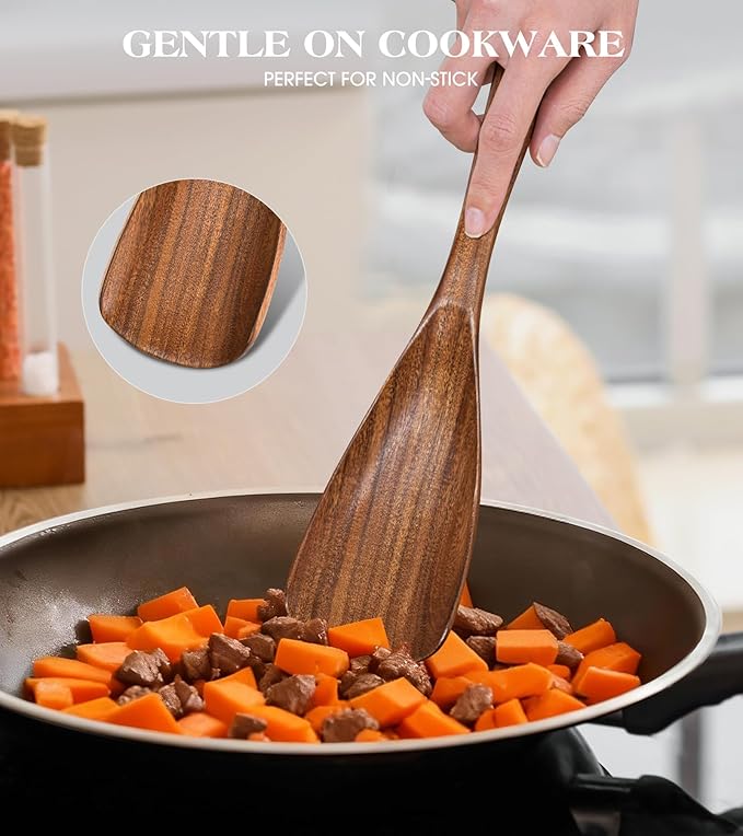 2Pcs Wooden Spatula Spoon, Multifunction Cooking Spoon for Nonstick Cookwares, Heat Resistant Acacia Wooden Spoon Spatula for Cooking, Mixing, Scooping, Scraping, BPA-Free, 11.6 x 2.8 Inch