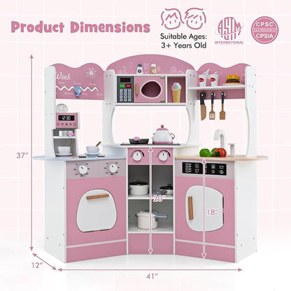 Costzon Corner Play Kitchen, Wooden Kids Kitchen Playset with Lights & Sound, Coffee Maker, Washing Machine, Oven, Microwave, Toddler Toy Kitchen for Pretend Play, Gift for Boys Girls 3+ (Pink)