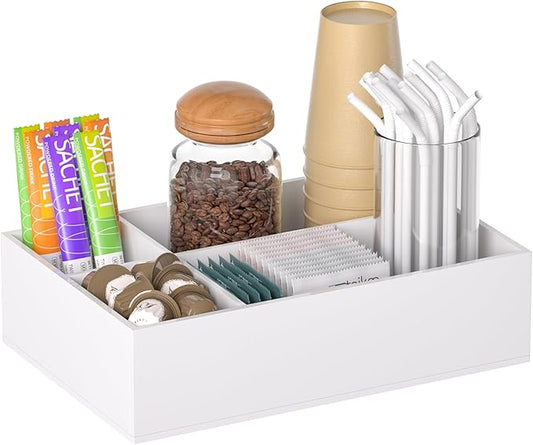 White Coffee Station Accessories Organizer, Countertop Acrylic Coffee Bar Tray for Tea Bags, Condiments, Cups, Jars