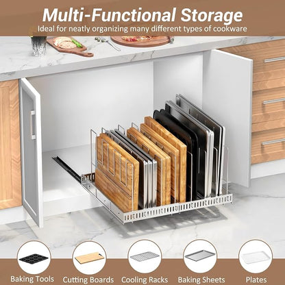 Housolution Pull Out Stainless Steel Baking Tray and Cookie Sheet Organizer, 13"-22" Width Expandable Cutting Board Holder with 8 Adjustable Dividers, 21.5" Deep Bakeware Rack for Cabinet, Silver
