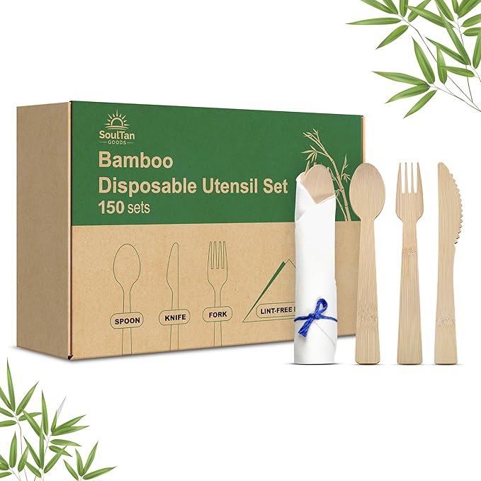 Prerolled Disposable Bamboo Cutlery Set – 150 Pack Pre Wrapped Silverware and Napkin Bundle with Forks, Knives, Spoons for Parties, Weddings, Events, and BBQ (Blue String)