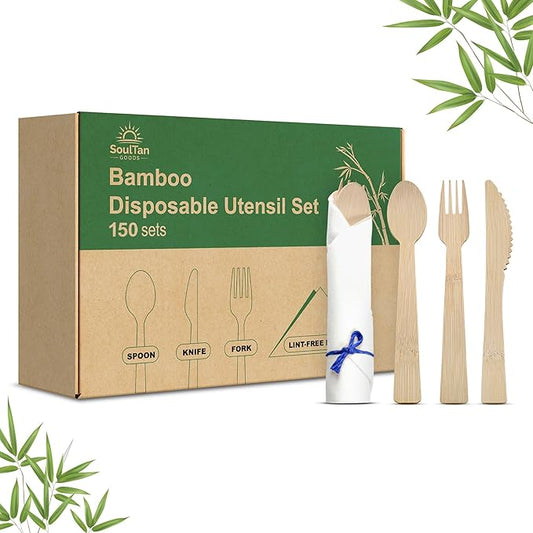 Prerolled Disposable Bamboo Cutlery Set – 150 Pack Pre Wrapped Silverware and Napkin Bundle with Forks, Knives, Spoons for Parties, Weddings, Events, and BBQ (Blue String)