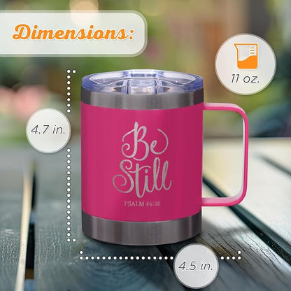 Christian Art Gifts Stainless Steel Double Wall Vacuum Insulated Camp Style Travel Mug 11 oz Pink Coffee Mug with Retractable Lid and Handle for Women with Bible Verse - Be Still -Psalm 46:10