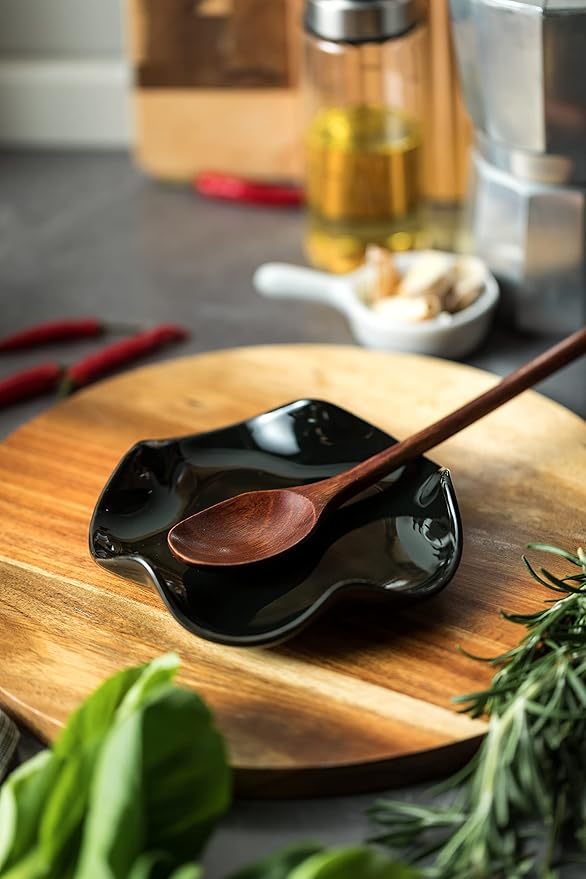 Miamolo Black Spoon Rest for Kitchen Counter, 5.3" Ceramic Spoon Holder for Stove Top, Heat Resistant & Dishwasher Safe Cute Spoon Rests Spatula Holder for Multiple Utensils, Farmhouse Kitchen Decor