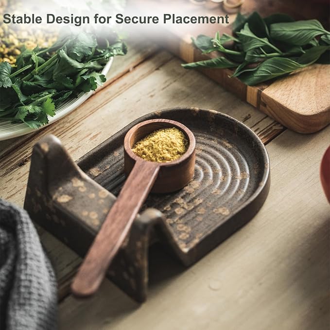 Cooking Spoon Rest with Slot or Spatula, Spoons or Tong Ceramic Spoon Rest for Countertop Heat-Resistant Spoon Rest for Stove Top Perfect Rest for Utensil and Spoon, Brown