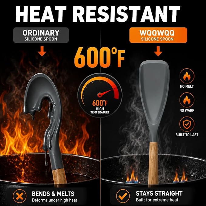 Silicone Cooking Spoon & Spoonula Spatula for Nonstick Cookware, Heat Resistant 600°F Kitchen Utensil, BPA-Free Food-Grade, Solid Wood Handle, Serving Scraping Scooping Stirring (Black & White)