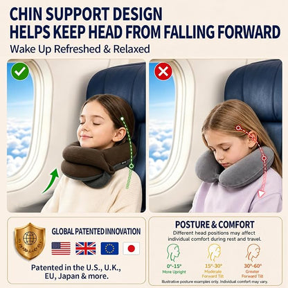 BUYUE Kids Travel Pillows for Airplane, Memory Foam 360° Head Support Sleeping Essentials for Boys Long Flight, Skin-Friendly Soft Neck Pillow for Traveling in Car Seat, (Small, Brown Grey, 40-90 lbs)