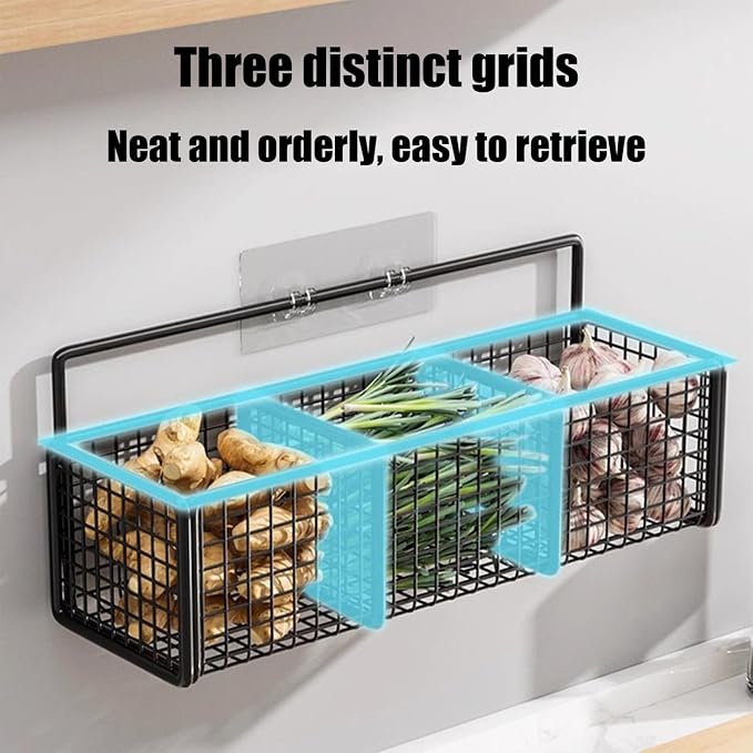 Storage Rack with 3 Compartments, Spice Rack Wall Mount, Punch-Free Hanging Spice Racks, Multi-Purpose Storages Organizer, Kitchen Storage Baskets for Seasonings Oniones Ginger Garli