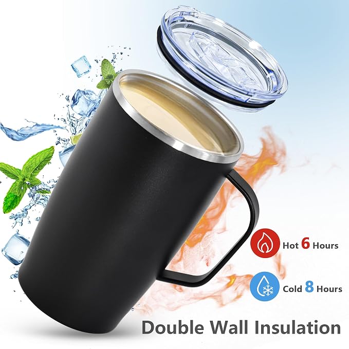 Stainless Steel Insulated Bottle, 2Pack 16oz Tumbler with Handle, Double Wall Vacuum Travel Coffee Mug with Handle for Working Travel Driving, Black