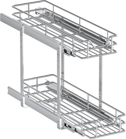 2-Tier Pull Out Cabinet Organizer, 7.5" W x 21.5" D, Heavy Duty Dual Slide Out Shelves for Narrow Base Cabinets, Chrome Wire Basket Drawer for Spices, Bottles & Snacks