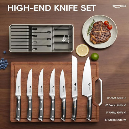 MAD SHARK 8-Piece Knife Block Set, German High-Carbon Steel Chef Set,15° Ultra-Sharp Edge,Full-Tang Lightweight Handle,Gift for husband Wife Friends