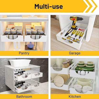 Pull Out Cabinet Organizer - Smoothly Sliding Drawers for Cabinet Carbon Steel Sturdy Slide Out Drawers for Kitchen Cabinet, Pantry, Bathroom (White)