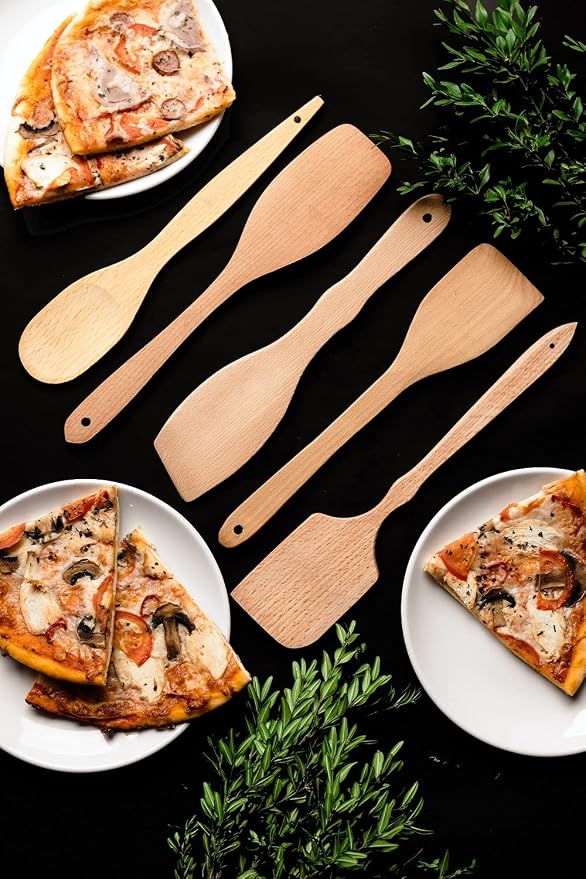 ECOSALL Nonstick Wooden Spoons For Cooking – 5 European Premium Spoons Set - 100% Healthy and Natural Wooden Spatula – Long Handled, Strong, Durable, Solid Wood Cooking Utensils for Everyday Cooking