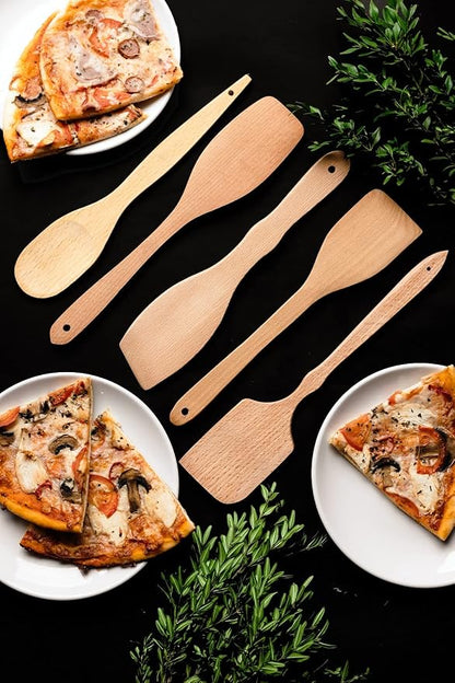 ECOSALL Nonstick Wooden Spoons For Cooking – 5 European Premium Spoons Set - 100% Healthy and Natural Wooden Spatula – Long Handled, Strong, Durable, Solid Wood Cooking Utensils for Everyday Cooking