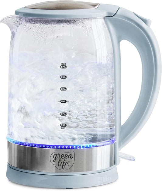 GreenLife 1.7 Liter Glass Electric Kettle, Easy One Touch Use, Quick Heating, Filtered Spout, LED Base, Auto Shut-Off, Cordless Serving, Coffee and Tea, Blue Haze