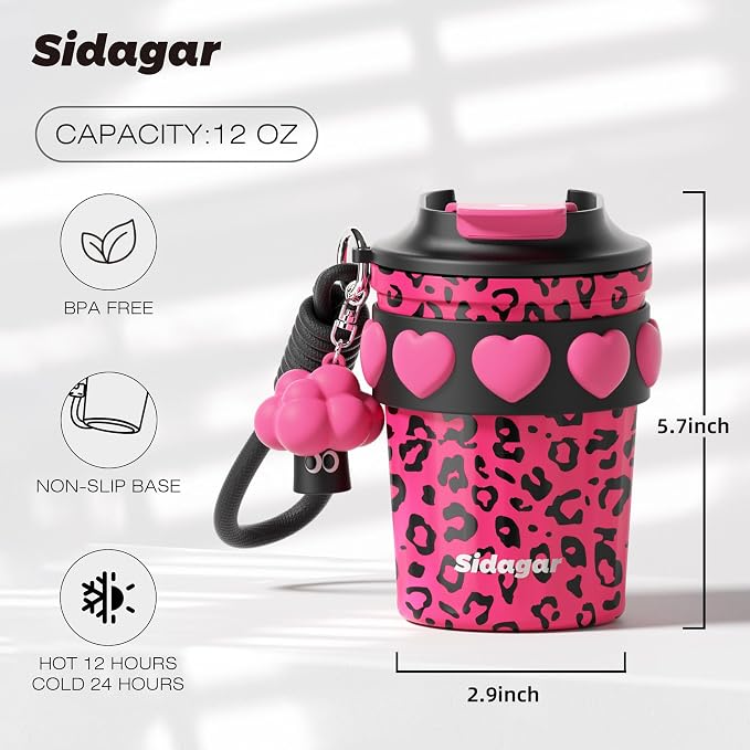 SDGA+ 12 oz Travel Coffee Mug Spill Proof Leak Proof, Stainless Steel Thermal Coffee Cup with Lid, Resuable Cup for Hot and Cold, Portable Tumbler for Women, Pink Leopard