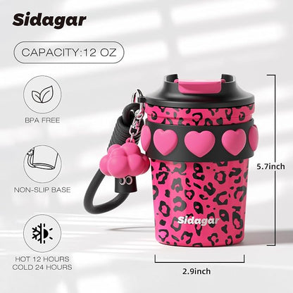 SDGA+ 12 oz Travel Coffee Mug Spill Proof Leak Proof, Stainless Steel Thermal Coffee Cup with Lid, Resuable Cup for Hot and Cold, Portable Tumbler for Women, Pink Leopard