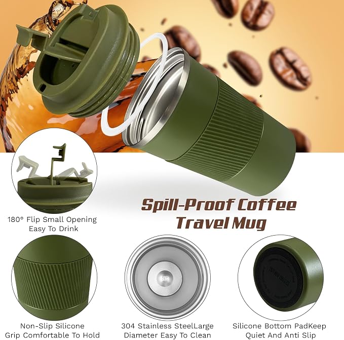 SPLMIFA Vacuum-Insulated Stainless Steel Travel Coffee Mug, Leak-Proof Reusable Coffee Cup with Lid - Keep Hot & Cold Drinks for Hours, Durable Insulated Tumbler for Men & Women(3rd-Green, 12OZ)