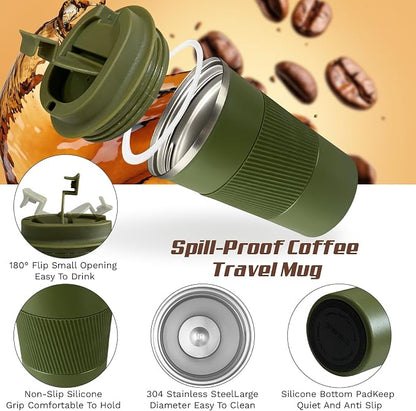 SPLMIFA Vacuum-Insulated Stainless Steel Travel Coffee Mug, Leak-Proof Reusable Coffee Cup with Lid - Keep Hot & Cold Drinks for Hours, Durable Insulated Tumbler for Men & Women(3rd-Green, 12OZ)