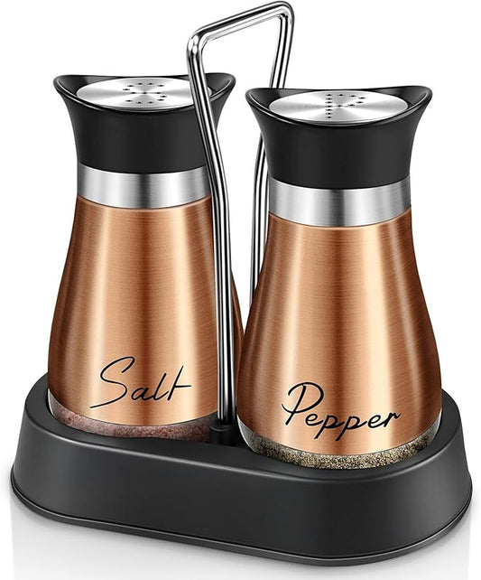 Salt and Pepper Shakers Set, 4 oz Stainless Steel Salt Shaker, Farmhouse Salt Pepper Shaker Containers with Glass Bottom for Kitchen Gadgets Cooking Table, BBQ, Bar, RV, Camp (Brown)