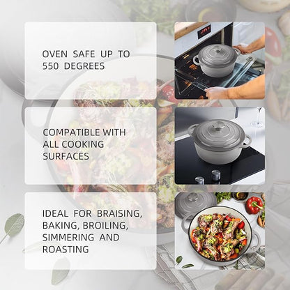 3 Quart Dutch Oven Enameled Cast Iron with Lid - Big Dual Handles - Oven Safe up to 500°F - Classic Round Pot for Versatile Cooking Light Gray