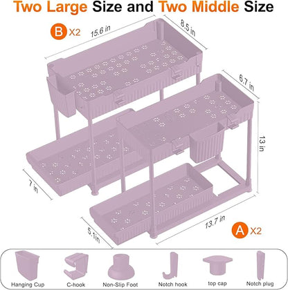 Sevenblue Under Sink Organizer, Bathroom Organizers and Storage, 2 Tier Multi-Use Pull Out Cabinet Organizer with Hang Hooks and Cups (Pink, 4 Pack)