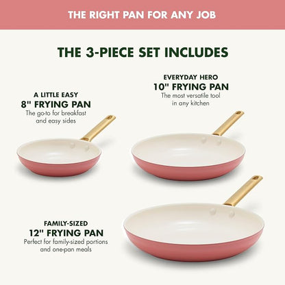 GreenPan 8" 10" & 12" 3 Piece Frying Pan Skillet Set, Healthy Ceramic Nonstick PFAS-Free Cookware, Hard Anodized Aluminum, Gold-Tone Stainless Steel Handles, Dishwasher and Oven Safe, Coral