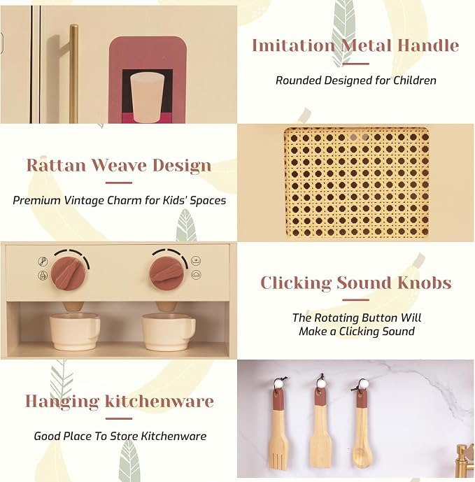Wooden Kitchen Playsets for Kids, Pretend Play Kitchen with Realistic Clicking Sounds, Gold Faucet, Coffee Maker & Cooking Accessories, Set for Toddlers Boys Girls Age 3+