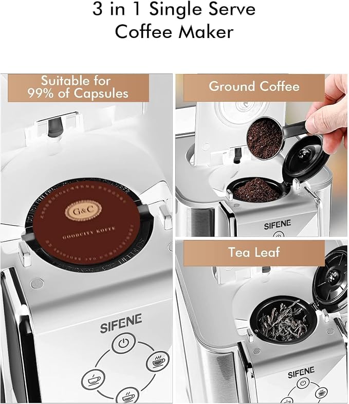 SIFENE 3-in-1 Single Serve Drip Coffee Machine, Compact K-Cup/K-Pod Compatible Brewer for Ground Coffee & Tea, 50oz Removable Water Reservoir, Multiple Brew Sizes, Auto Shut-Off