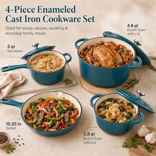 Hisencn Enameled Cast Iron Cookware Set - 7 Piece Set of Dutch Ovens, Sauce Pan, Skillet, 3 Lids, Dutch Oven Set, Ceramic Coated Cast Iron, Heavy Duty, Gas/Induction Compatible (Teal)