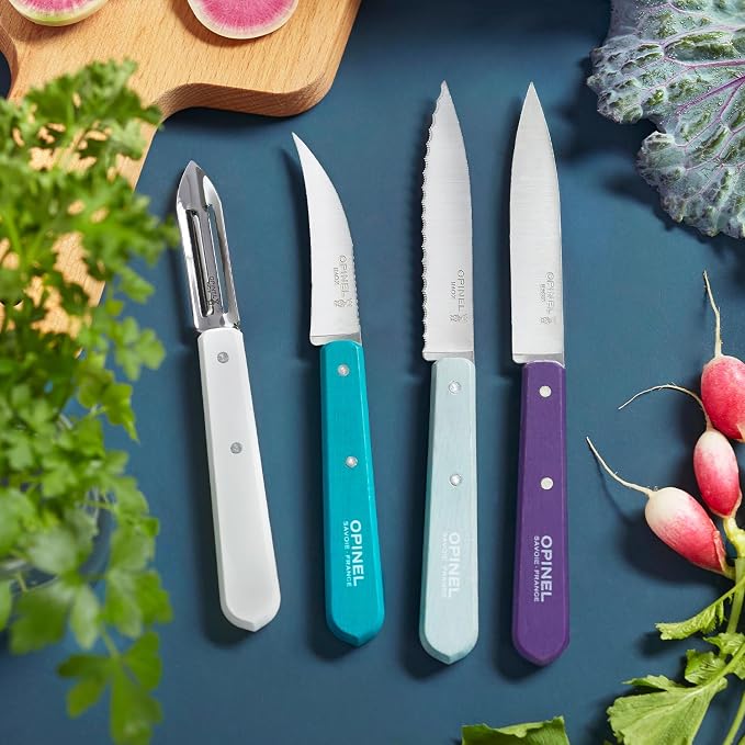 OPINEL Les Essentials - Small Kitchen 4 Piece Knife Set - Paring, Serrated, Peeler, Vegetable Knife, Corrosion Resistant High Carbon Steel, Made in France (Art Deco)