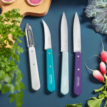 OPINEL Les Essentials - Small Kitchen 4 Piece Knife Set - Paring, Serrated, Peeler, Vegetable Knife, Corrosion Resistant High Carbon Steel, Made in France (Art Deco)