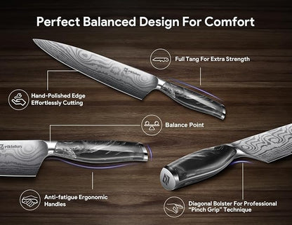 Knife Set for Kitchen 14 Pieces with Magnetic Block, German Razor Sharp High Carbon Stainless Steel Damascus Pattern, Full Tang Ergonomic Handle, Black Flowing Cloud Design