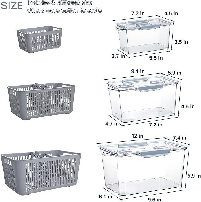 Fistone Fresh Produce Fruit Vegetable Storage Containers 3Piece Set, BPA-Free Fridge Storage Container with Lid & Colander, Fridge Organizers, Keep Fresh for Produce,Fruit and Vegetable