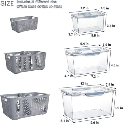 Fistone Fresh Produce Fruit Vegetable Storage Containers 3Piece Set, BPA-Free Fridge Storage Container with Lid & Colander, Fridge Organizers, Keep Fresh for Produce,Fruit and Vegetable