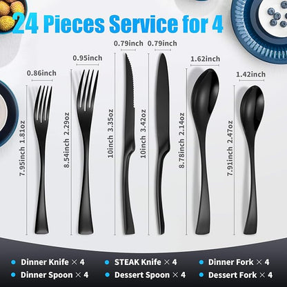 Lemeya 24-Pieces Black Silverware Set with Steak Knives,Heavy Duty 18/10 Stainless Steel Flatware Set for 4,Modern Cutlery with Forged Stand Knives,Mirror Polished,Dishwasher Safe