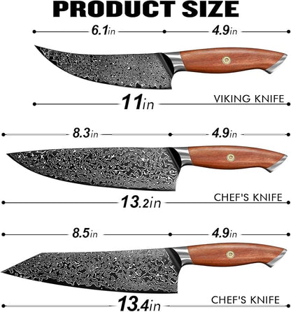 Freelander Damascus Knife Set 8.5 inch, Chef Knives with 6.1 inch Viking Knife, VG10 Core, 67 Layer Steel, Walnut Handles, Full Tang