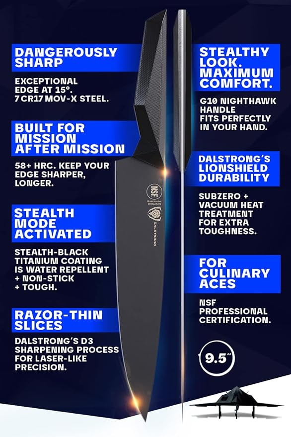 Dalstrong Chef Knife - 9.5 inch - Shadow Black Series - Black Titanium Nitride Coated - Razor Sharp Kitchen Knife - High Carbon 7CR17MOV-X Vacuum Treated Steel - Sheath - NSF Certified