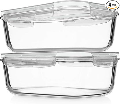 Razab 4 PC 1860ml / 63 Oz / 8 Cups Large Glass Food Storage Containers with Lids - Glass Meal Prep Containers for Roasting & Storing Leftover, Lunch Container with Lids, Microwave & Oven Safe