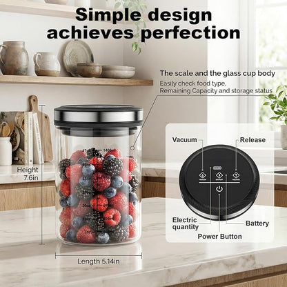 GVODE Vacuum Coffee Canister 1.6-Liter Capacity Coffee Storage Container, Ounce/Milliliter Scale Bar, High Borosilicate Glass, 4500 Hours Battery Life - Coffee Canister & Coffee Bean Storage