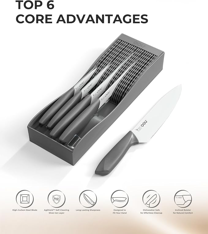 OOU In-Drawer Kitchen Knife Set, Space-Saving Cutlery and Kitchen Organizer, Includes Chef, Bread, Santoku, Utility and Paring Knives, 6-Piece Knives Sets, Gray