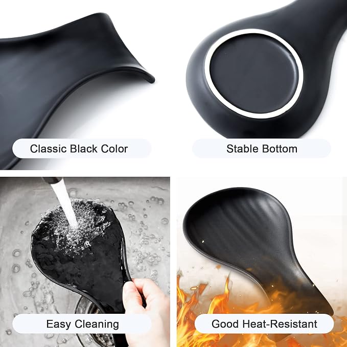 Hasense Spoon Rest for Stove Top, Large Ceramic Spoon Holder for Kitchen Counter, Cooking Utensil Rest for Spatula Ladle and Tong, Kitchen Spoon Rest for Home and Coffee Bar Accessories, Matte Black