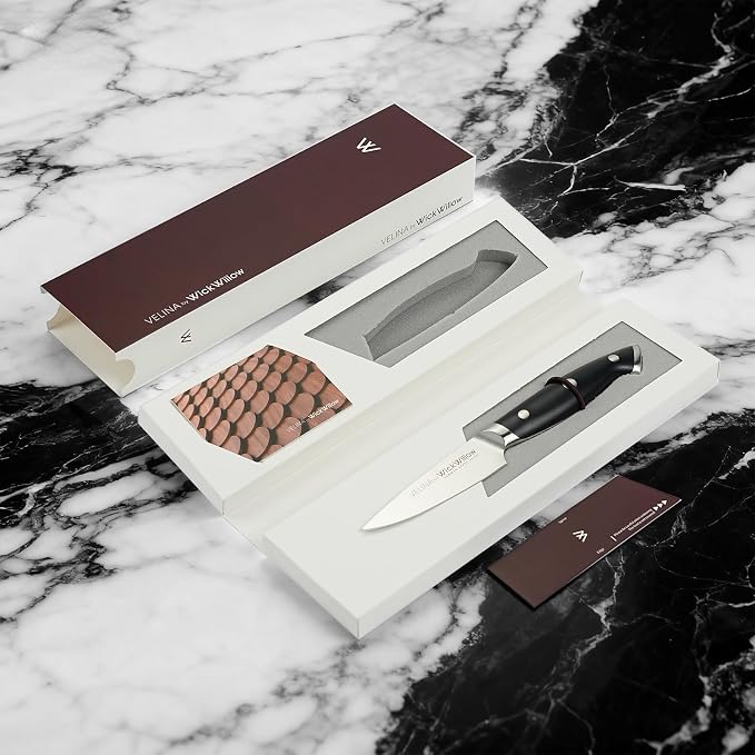 WICKWILLOW 3.5 Inch Paring Knife - Razor Sharp German Steel - Small Kitchen Knife for Home Cooks - Peeling, Trimming & Precision Work - Full Tang & Ergonomic Handle - Gift Box - Velina Series